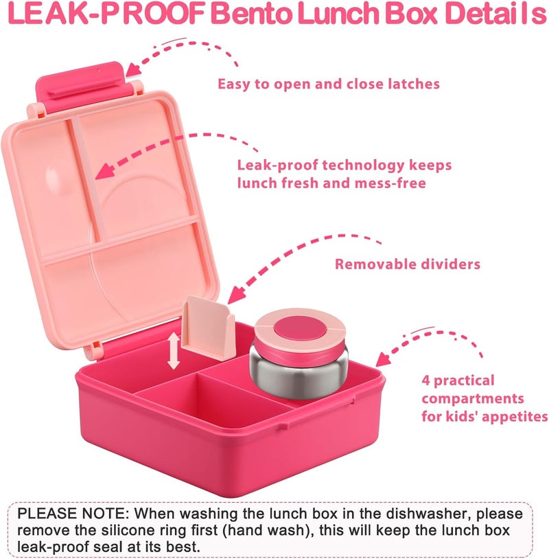 Howeemo Bento Lunch Box Set for Kids with 8oz Soup Thermo, Leak-Proof Lunch Containers with 4 Compartment, Kids Thermo Hot Food Jar and Insulated Lunch Bag for Kid to School-Pink - Image 5
